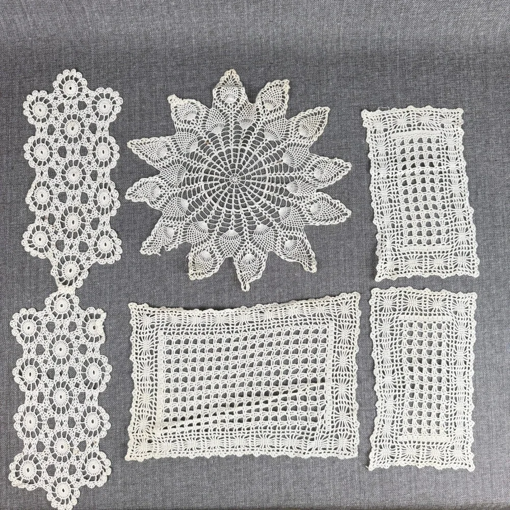 Vintage Handmade Crochet Doilies White Lace Table Linens - lot of 6